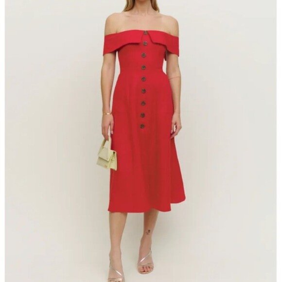 Reformation Red Adriel 100% Linen Midi Dress (0) - Picture 1 of 7